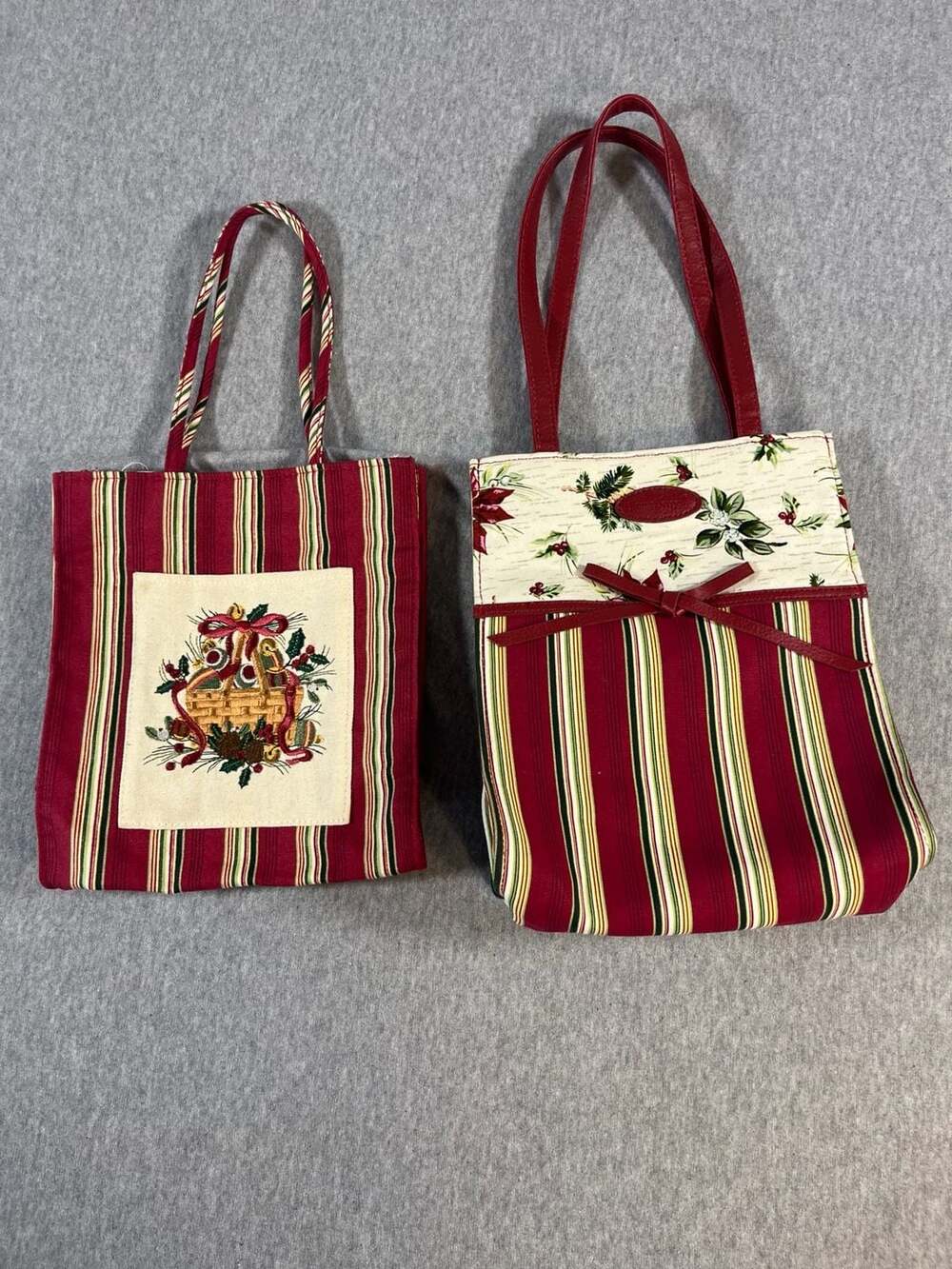 2-Longaberger Holiday Stripe and Botanical Christmas Gift Bag Tote Set of 2
